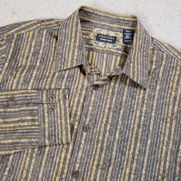 Structure Mens Floral Paisley Stripe Button Up Shirt Large Brown Neutral Casual - Picture 1 of 7